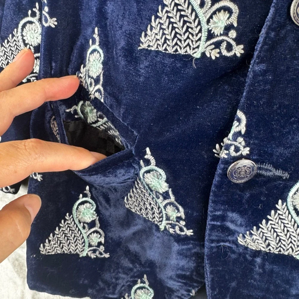 Mimic Velvet Blazer Kids Size‎ 9 Navy Blue Embroidered Mandarin Collar (1640)